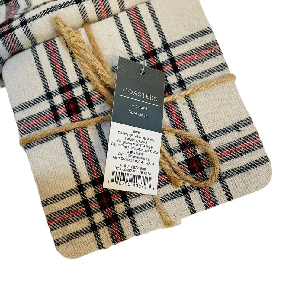 Threshold Plaid Holiday Christmas Fabric Drawstring Wine Bag and four Coasters